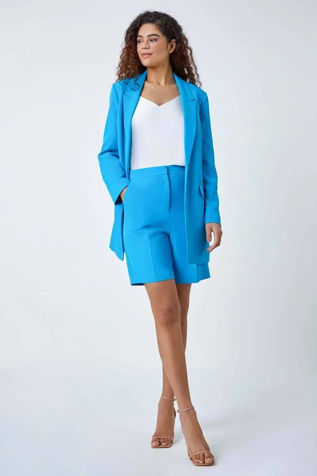 Women Turquoise Longline Blazer Jacket Roman Occasionwear