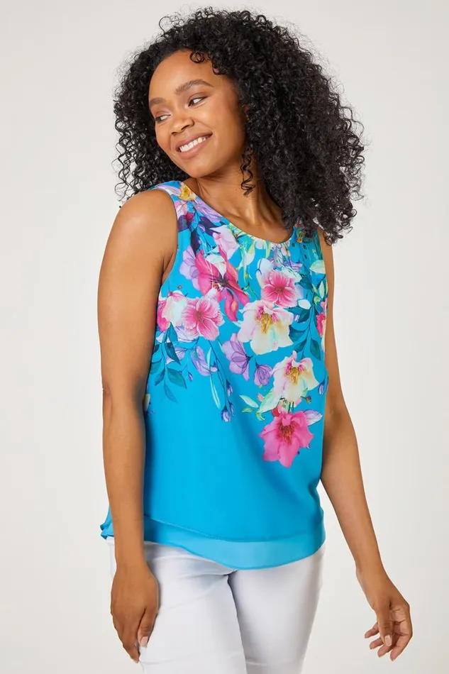 Women Turquoise Petite Floral Print Chiffon Overlay Top Roman Tops