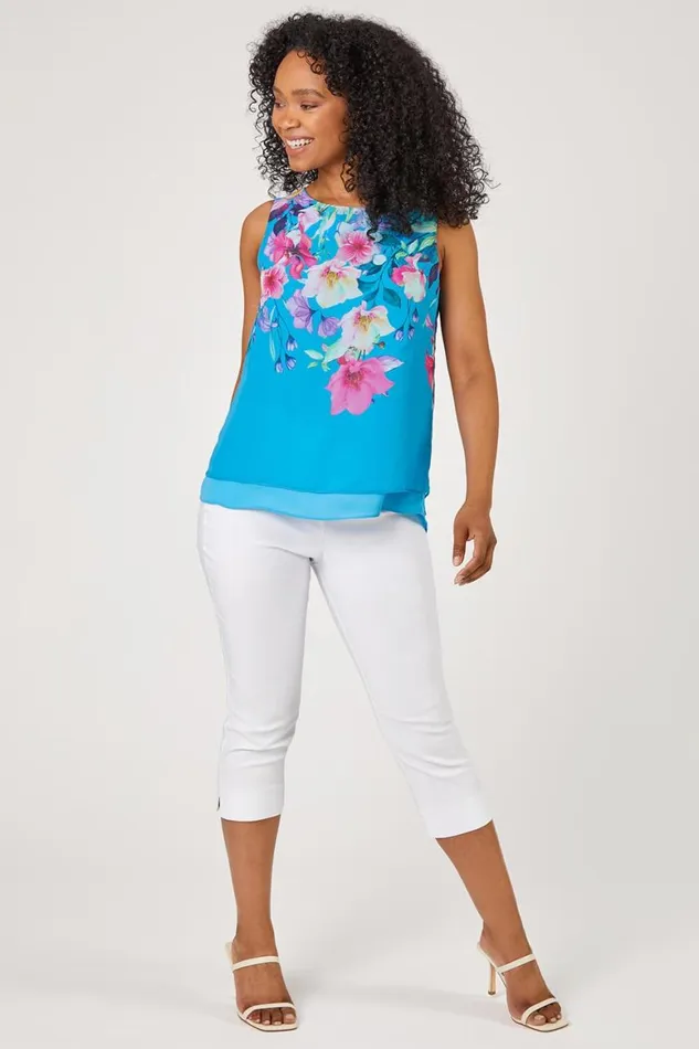 Women Turquoise Petite Floral Print Chiffon Overlay Top Roman Tops