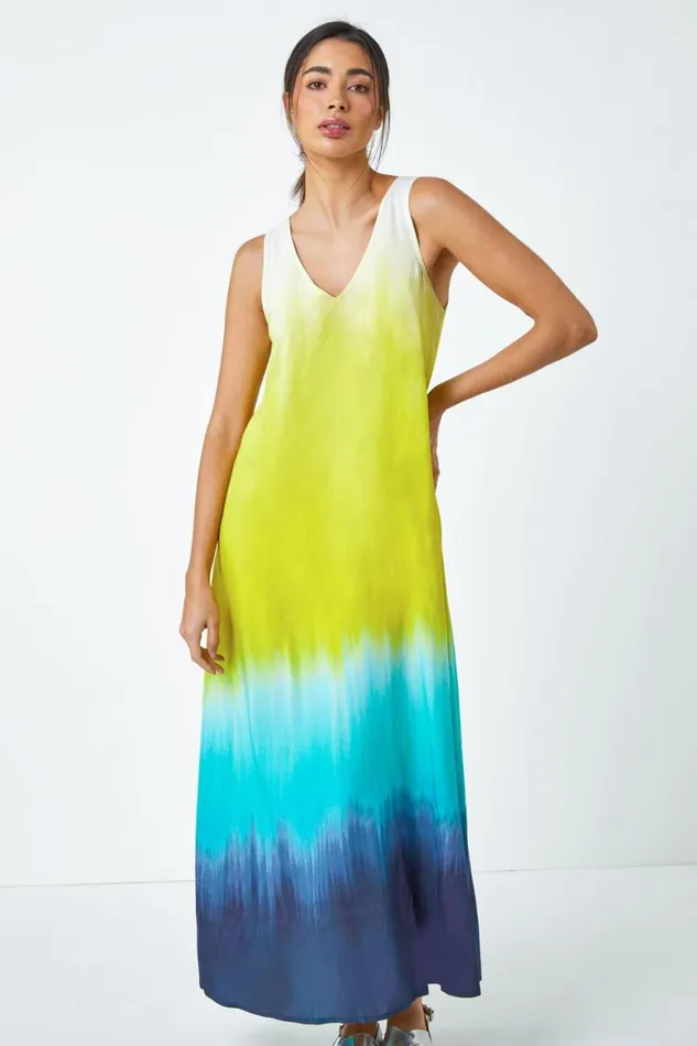 Women Turquoise Sleeveless Ombre Midi Dress Roman Dresses