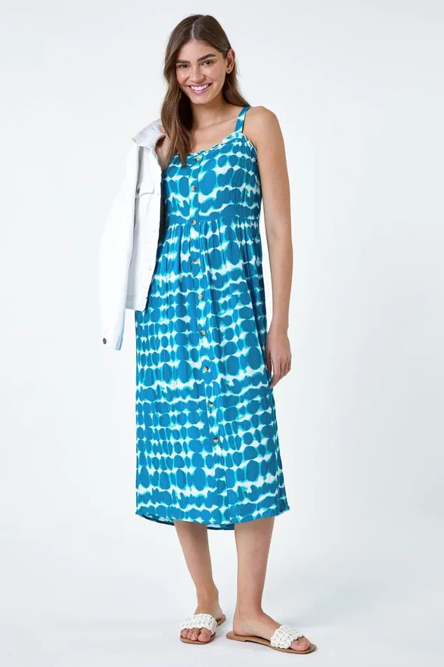 Women Turquoise Tie Dye Spot Print Midi Sundress Roman Dresses