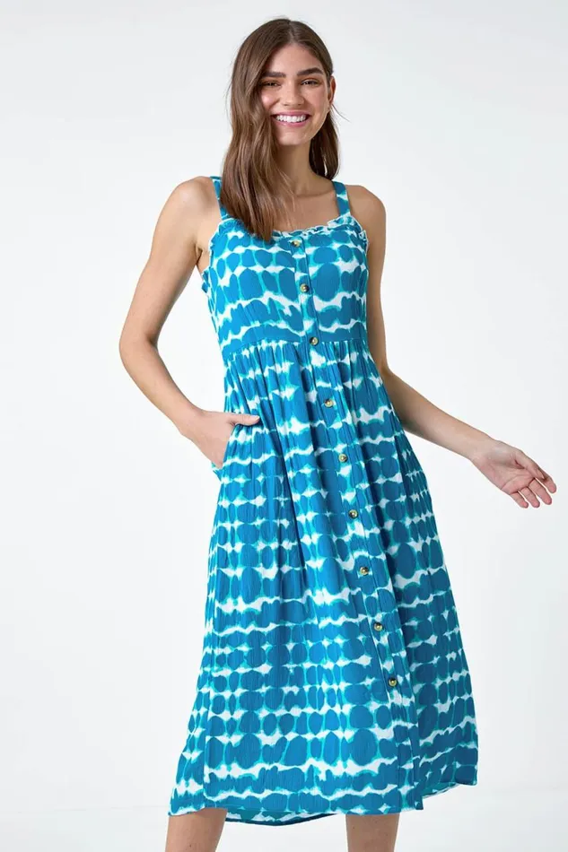 Women Turquoise Tie Dye Spot Print Midi Sundress Roman Dresses