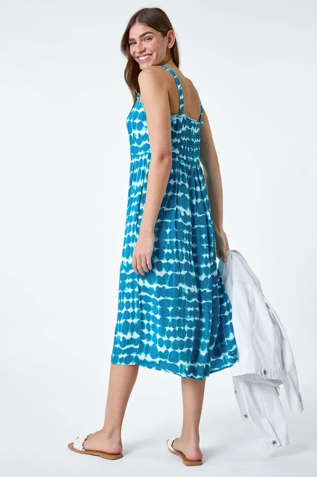 Women Turquoise Tie Dye Spot Print Midi Sundress Roman Dresses