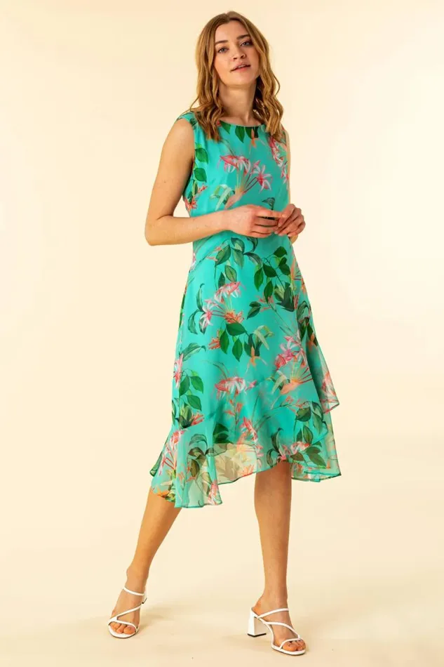 Women Turquoise Tropical Print Chiffon Dress Roman Dresses