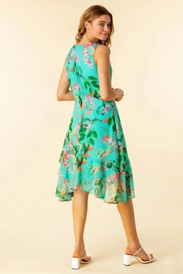 Women Turquoise Tropical Print Chiffon Dress Roman Dresses