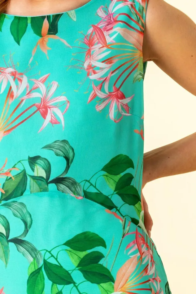 Women Turquoise Tropical Print Chiffon Dress Roman Dresses