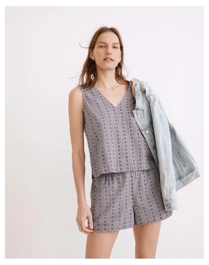 Women V Neck Button Back Sleeveless Top In Jacquard Stripe Dusk Peri Madewell Tops and Shirts Women V Neck Button Back Sleeveless Top In Jacquard Stripe Dusk Peri Madewell Tops and Shirts