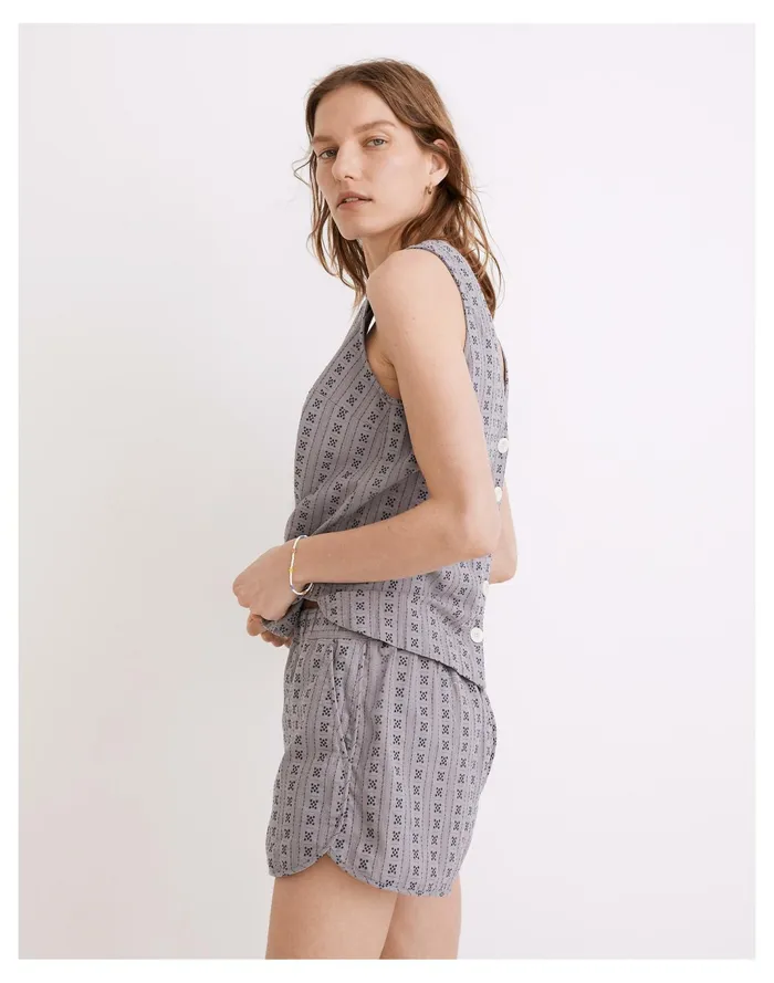 Women V Neck Button Back Sleeveless Top In Jacquard Stripe Dusk Peri Madewell Tops and Shirts Women V Neck Button Back Sleeveless Top In Jacquard Stripe Dusk Peri Madewell Tops and Shirts