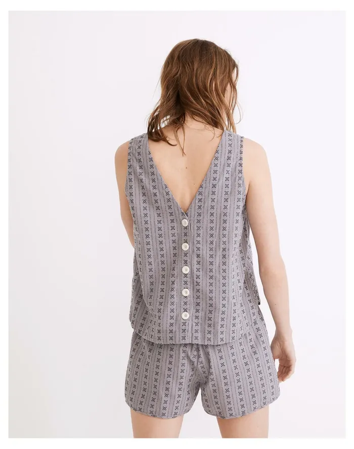 Women V Neck Button Back Sleeveless Top In Jacquard Stripe Dusk Peri Madewell Tops and Shirts Women V Neck Button Back Sleeveless Top In Jacquard Stripe Dusk Peri Madewell Tops and Shirts