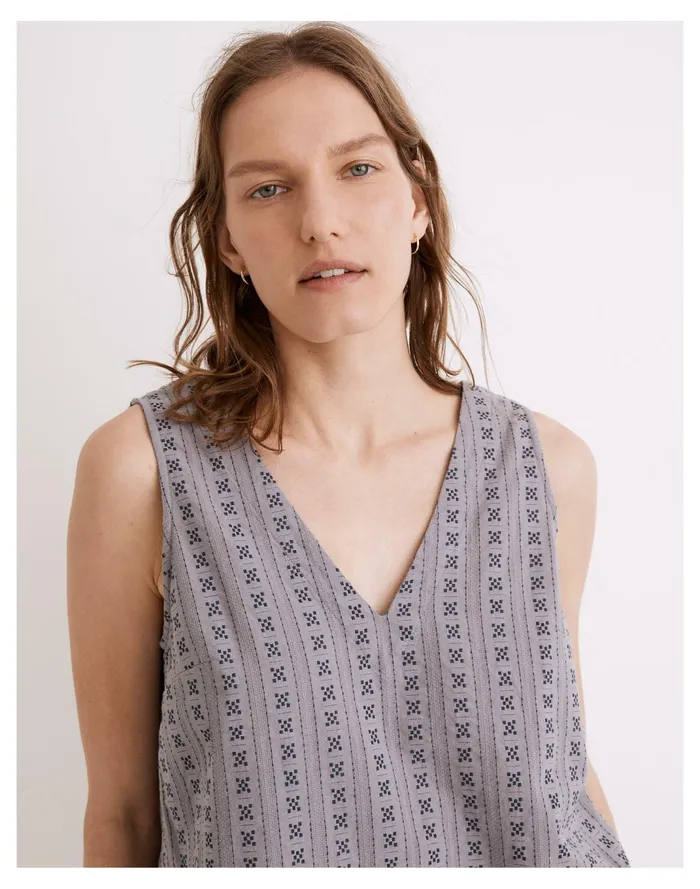 Women V Neck Button Back Sleeveless Top In Jacquard Stripe Dusk Peri Madewell Tops and Shirts Women V Neck Button Back Sleeveless Top In Jacquard Stripe Dusk Peri Madewell Tops and Shirts