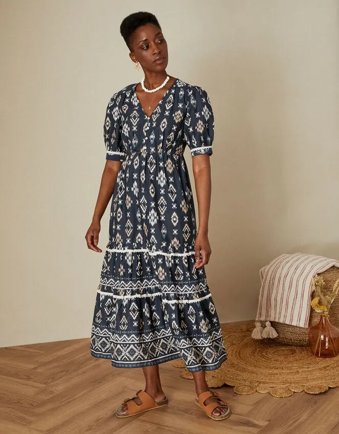 Women VNeck Button Ikat Print Midi Dress In Sustainable Cotton Blue Monsoon Dresses