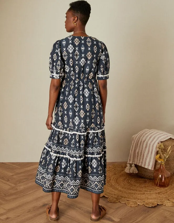 Women VNeck Button Ikat Print Midi Dress In Sustainable Cotton Blue Monsoon Dresses