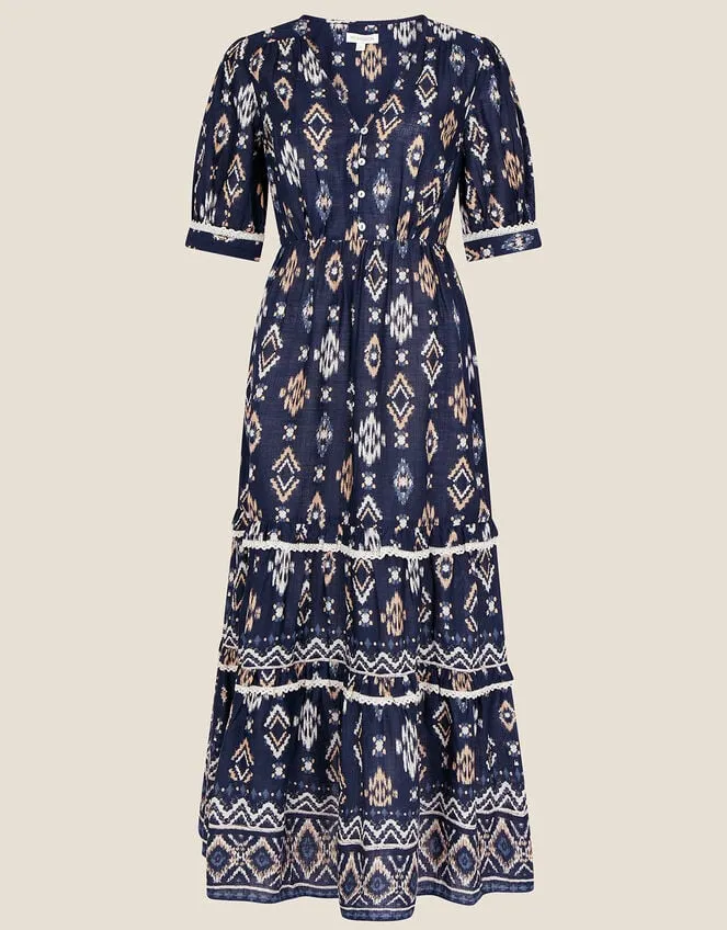 Women VNeck Button Ikat Print Midi Dress In Sustainable Cotton Blue Monsoon Dresses