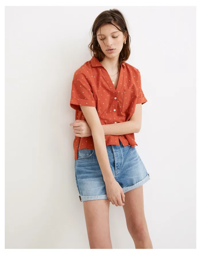 Women V Neck Pocket Shirt In Floral Jacquard Fresh Chili Madewell Tops and Shirts