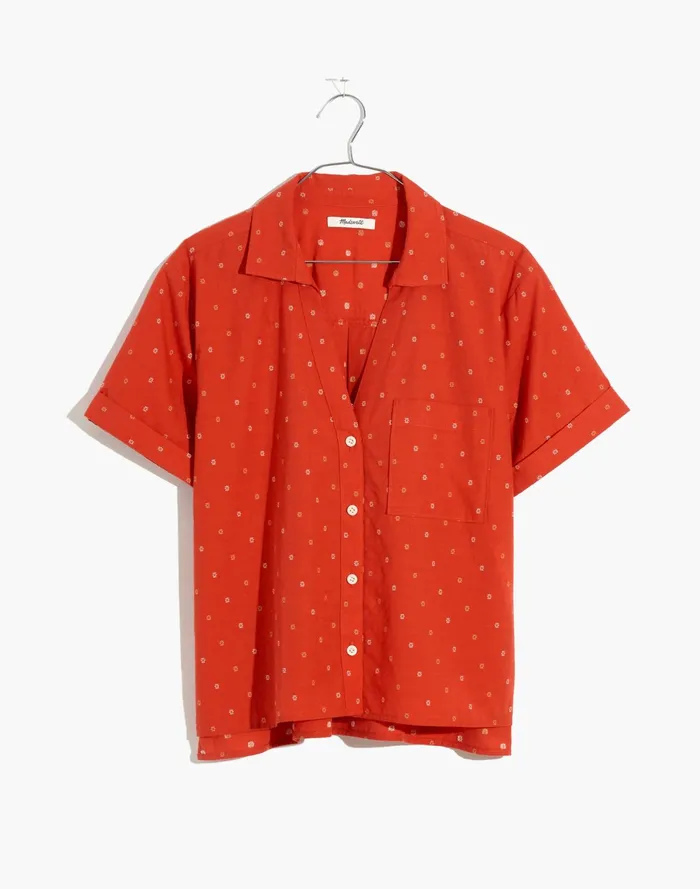 Women V Neck Pocket Shirt In Floral Jacquard Fresh Chili Madewell Tops and Shirts Women V Neck Pocket Shirt In Floral Jacquard Fresh Chili Madewell Tops and Shirts