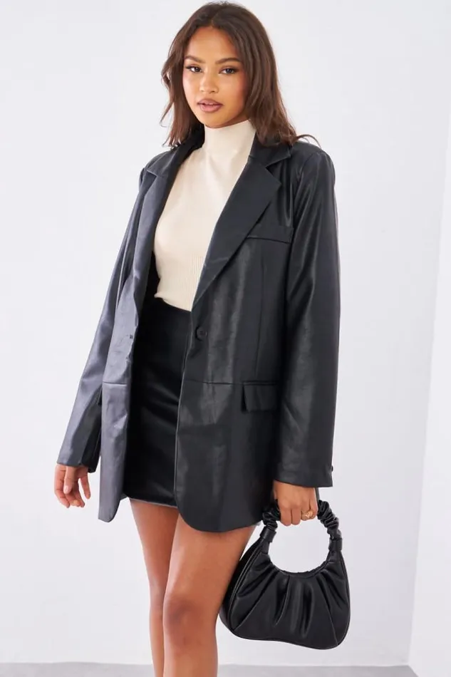 Women Veste Blazer En Simili Cuir Noir Black Brentiny Paris Jackets