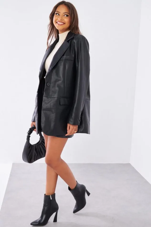 Women Veste Blazer En Simili Cuir Noir Black Brentiny Paris Jackets