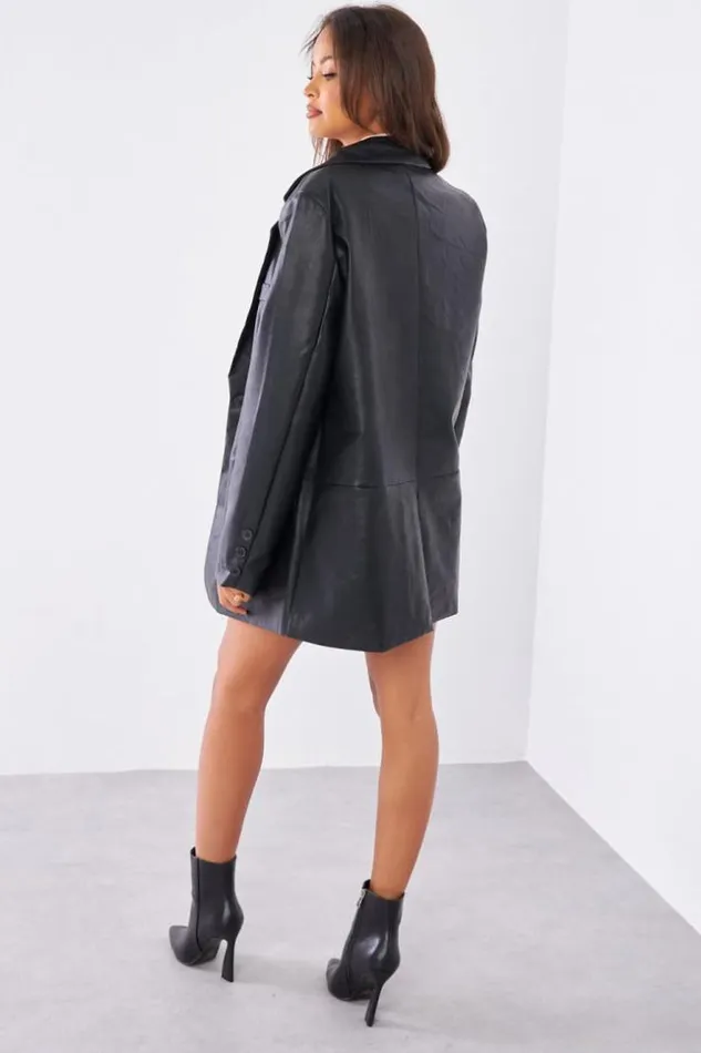 Women Veste Blazer En Simili Cuir Noir Black Brentiny Paris Jackets