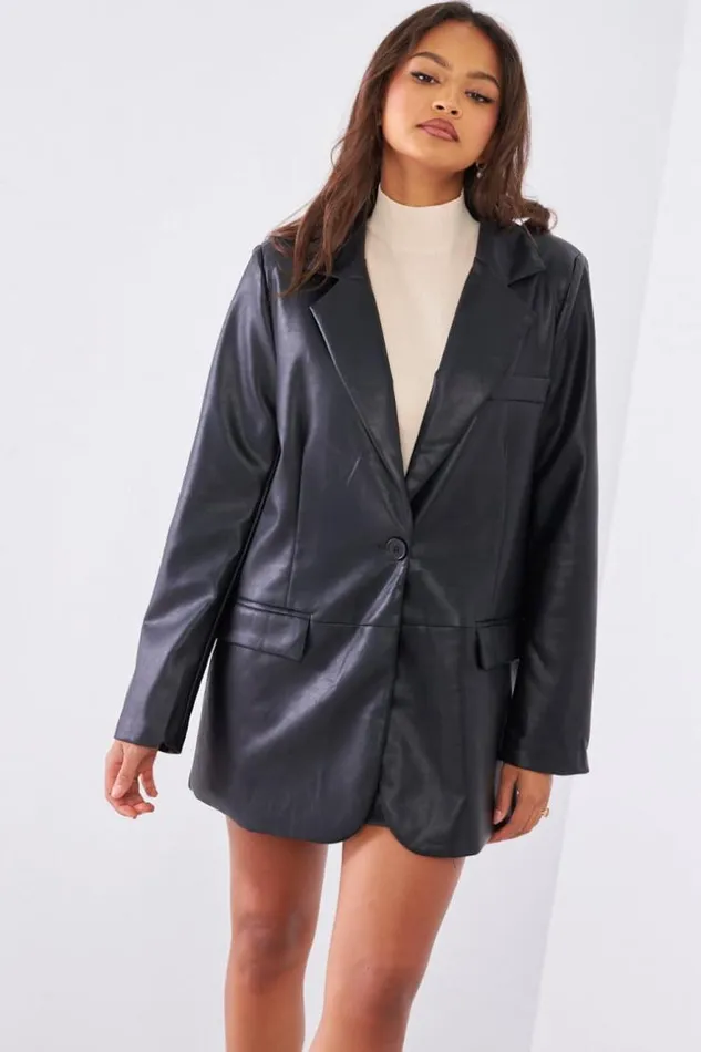 Women Veste Blazer En Simili Cuir Noir Black Brentiny Paris Jackets