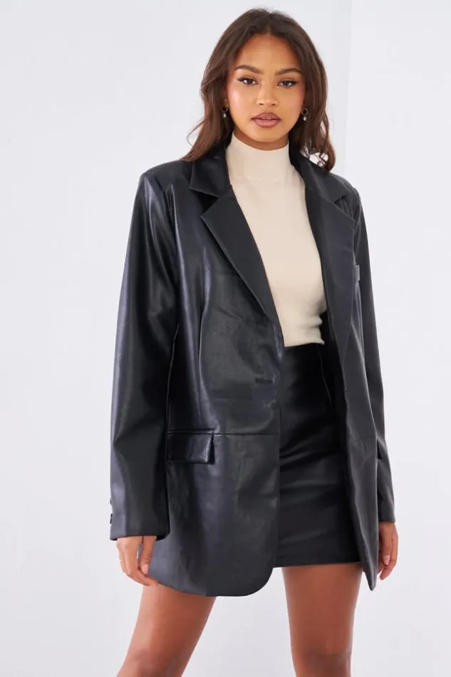 Women Veste Blazer En Simili Cuir Noir Black Brentiny Paris Jackets