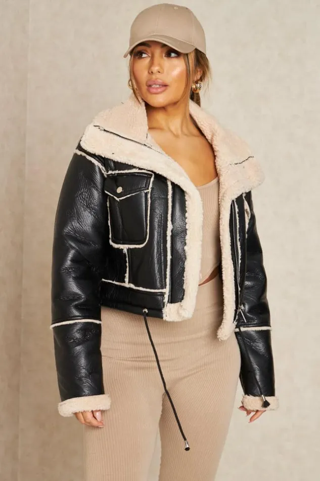 Women Veste Courte Aviateur Noire Simili Cuir Et Peau De Mouton Black Brentiny Paris Jackets
