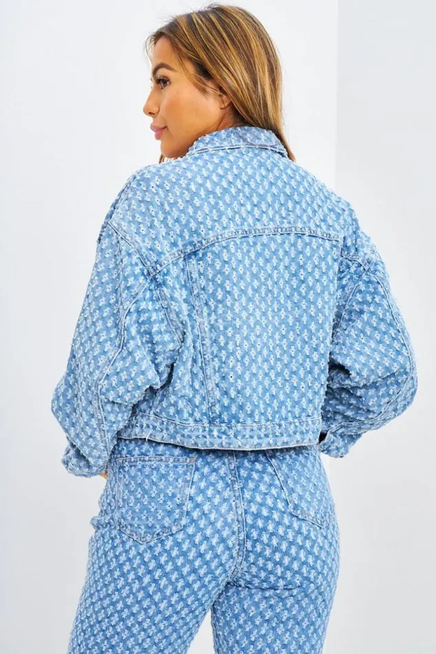 Women Veste Courte En Jeans Bleue Trous Blue Brentiny Paris Jackets