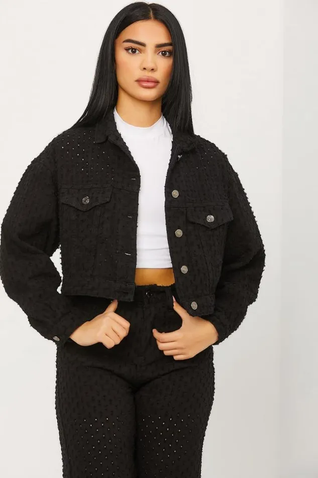 Women Veste Courte En Jeans Noire Trous Black Brentiny Paris Jackets