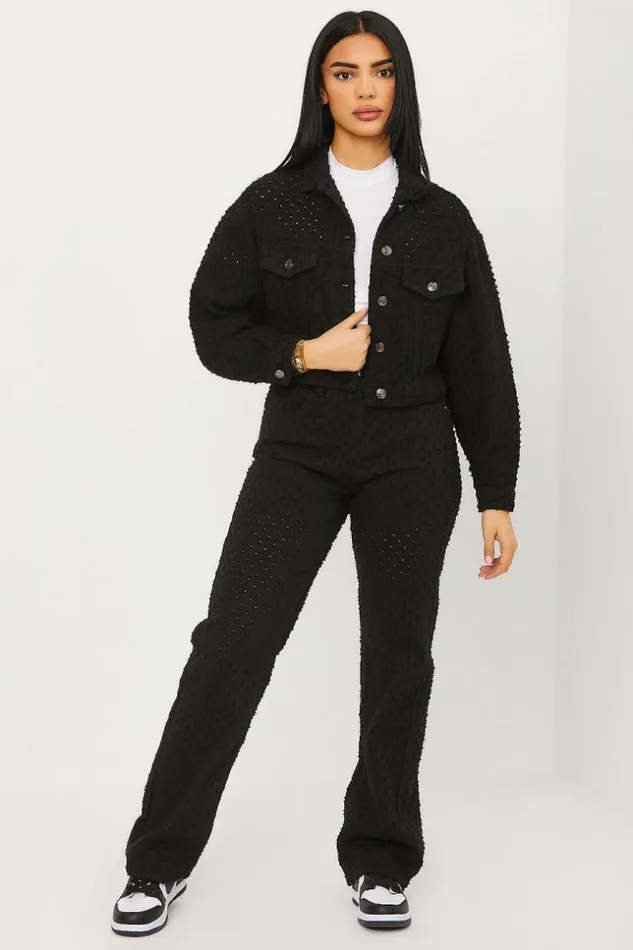 Women Veste Courte En Jeans Noire Trous Black Brentiny Paris Jackets