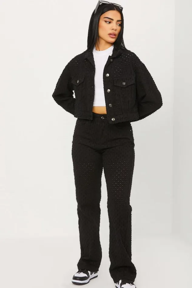 Women Veste Courte En Jeans Noire Trous Black Brentiny Paris Jackets