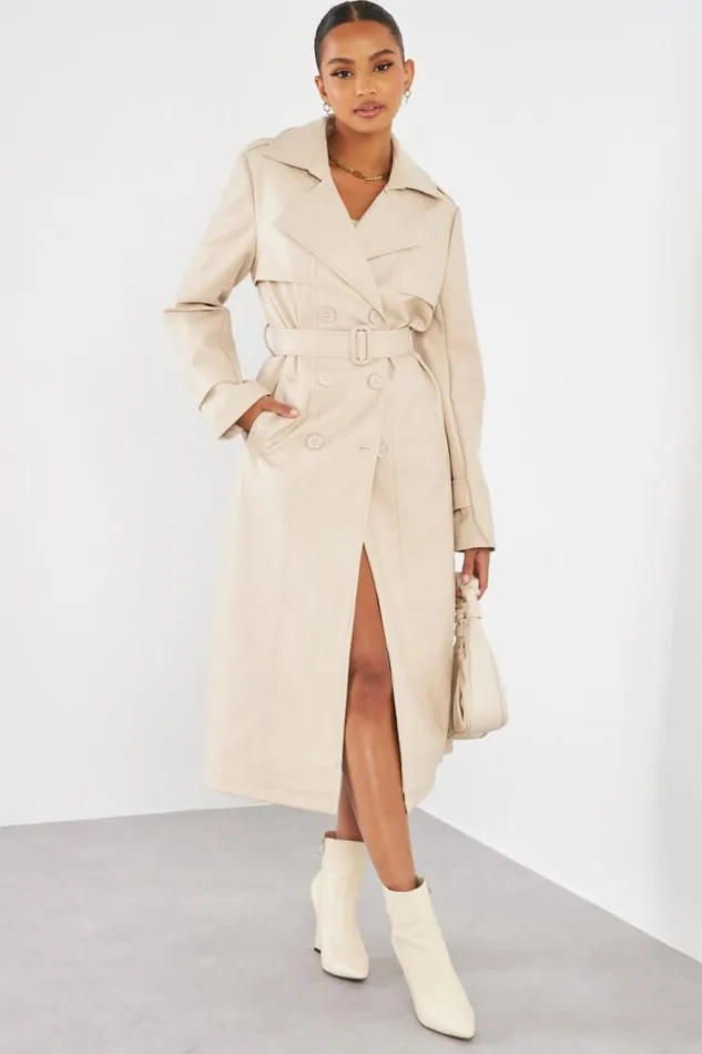 Women Veste En Simili Cuir Beige Ceinture Beige Brentiny Paris Jackets