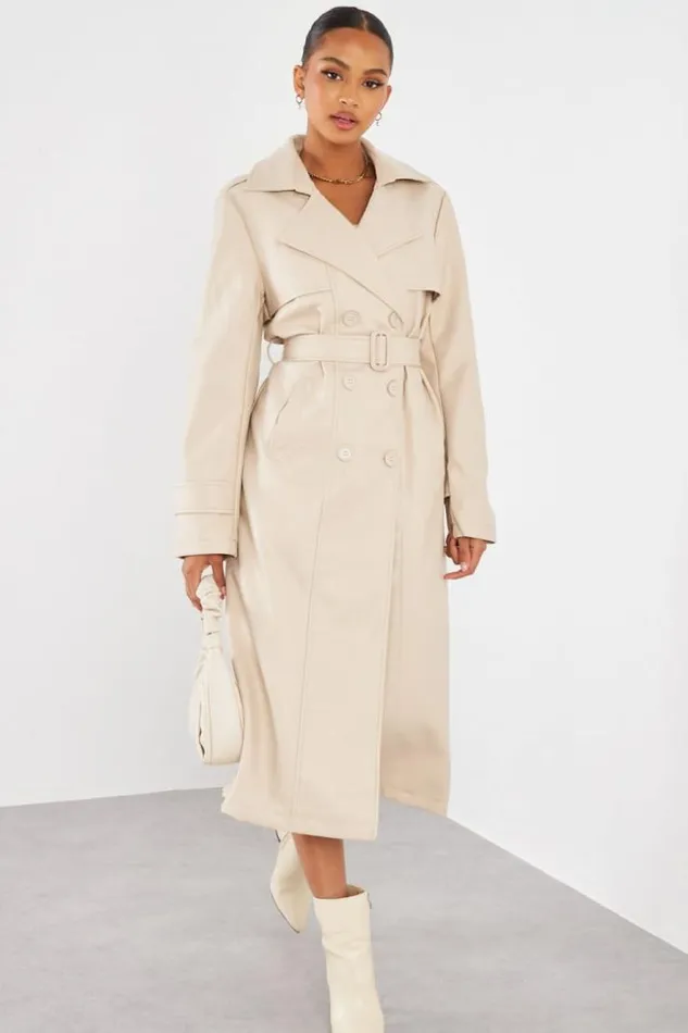 Women Veste En Simili Cuir Beige Ceinture Beige Brentiny Paris Jackets