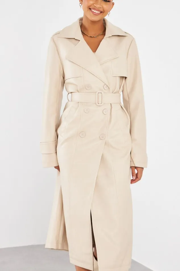 Women Veste En Simili Cuir Beige Ceinture Beige Brentiny Paris Jackets