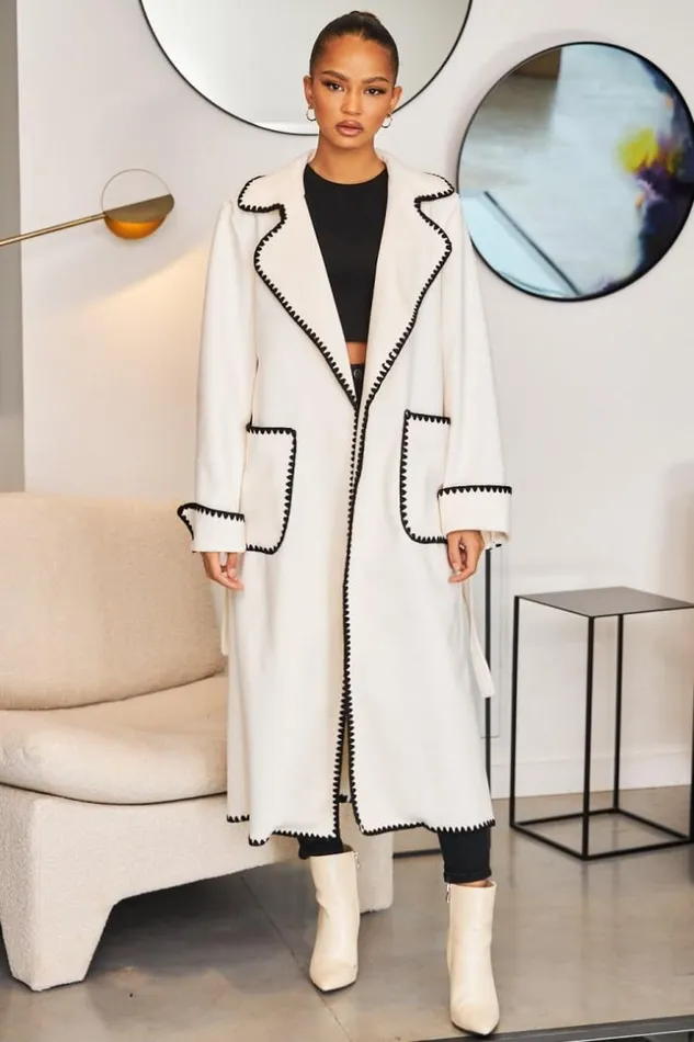Women Veste Longue crue Coutures Noires Ecru Brentiny Paris White Tops