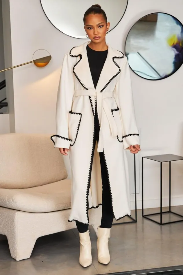 Women Veste Longue crue Coutures Noires Ecru Brentiny Paris White Tops
