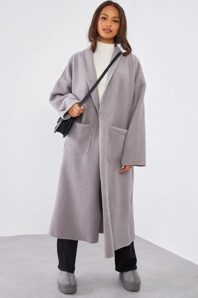 Women Veste Longue Grise Texture Grey Brentiny Paris Jackets