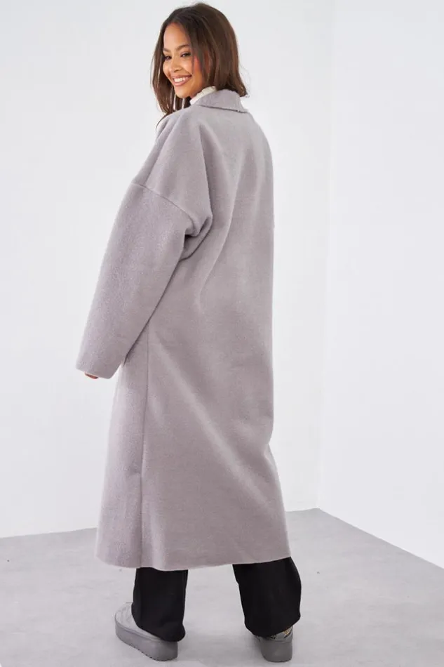 Women Veste Longue Grise Texture Grey Brentiny Paris Jackets