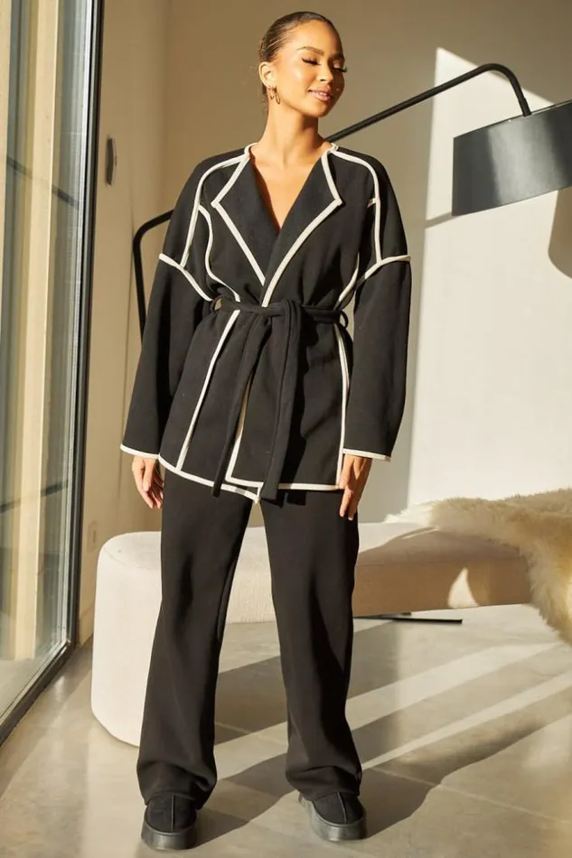 Women Veste Ouverte Ceinture Noire Coutures paisses Black Brentiny Paris White Tops