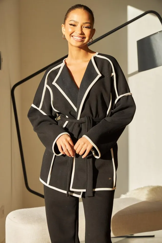 Women Veste Ouverte Ceinture Noire Coutures paisses Black Brentiny Paris White Tops Women Veste Ouverte Ceinture Noire Coutures paisses Black Brentiny Paris White Tops