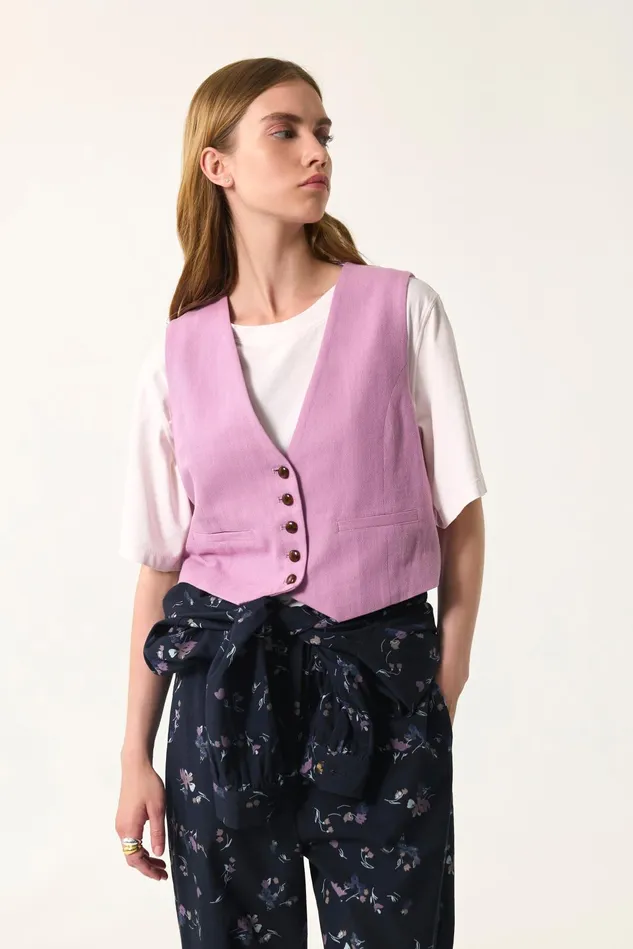 Women Waistcoat Ellion Blossom Veste Sans Manches Coton Rose Mauve Des Petits Hauts Suits