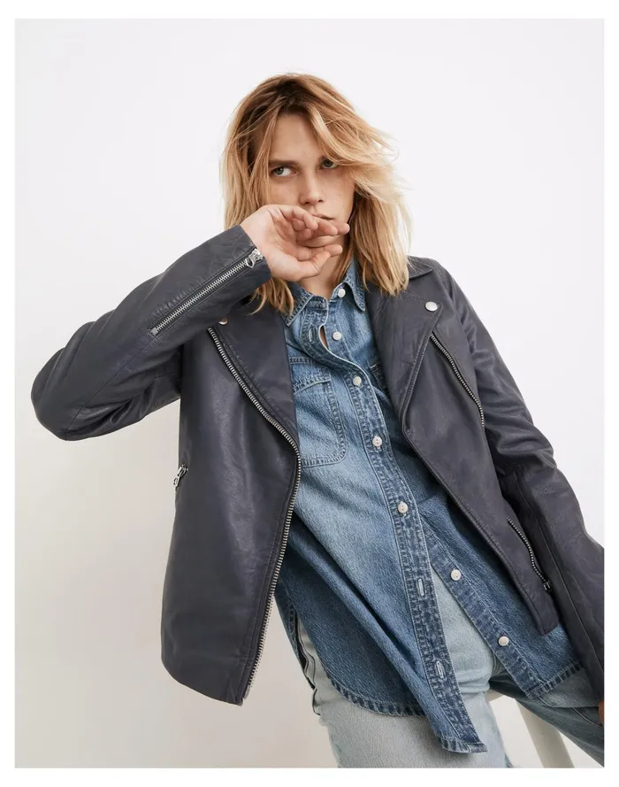 Women Washed Leather Motorcycle Jacket Sunfaded Indigo Madewell Jackets