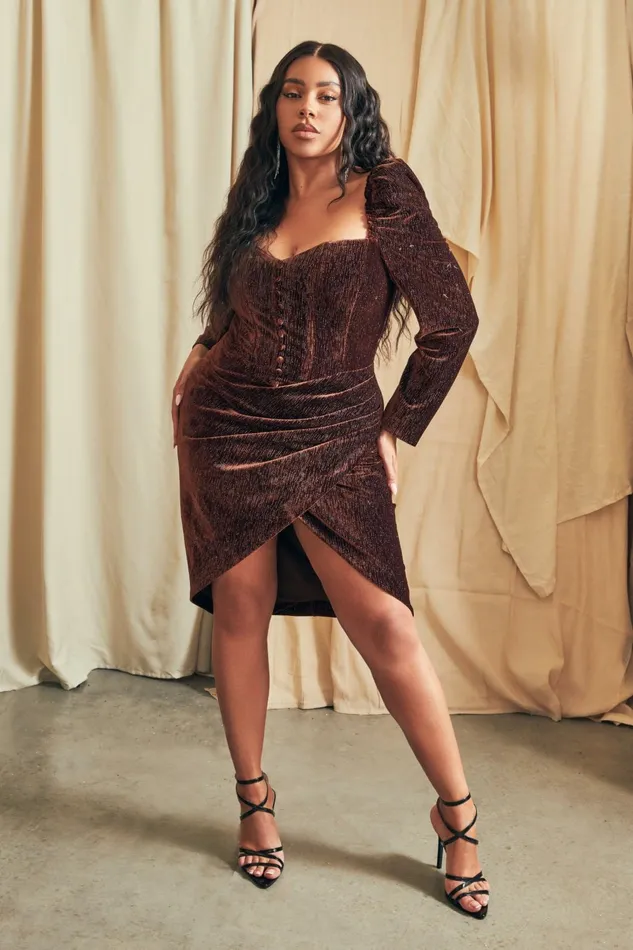 Women Wedding Guest Lavish Alice ESME Curve Diamante Velvet Puff Sleeve Midi Dress In Chocolate Chocolate