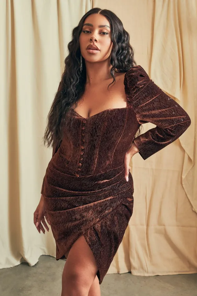 Women Wedding Guest Lavish Alice ESME Curve Diamante Velvet Puff Sleeve Midi Dress In Chocolate Chocolate