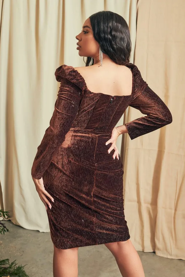 Women Wedding Guest Lavish Alice ESME Curve Diamante Velvet Puff Sleeve Midi Dress In Chocolate Chocolate