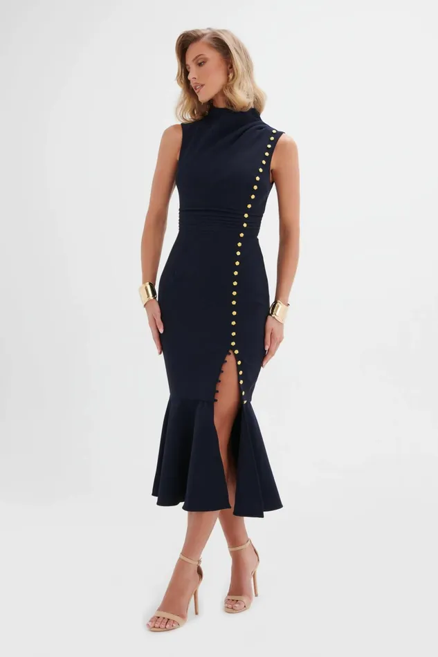 Women Wedding Guest Lavish Alice SAFFRON High Neck Rose Button Midi Dress In Navy Navy