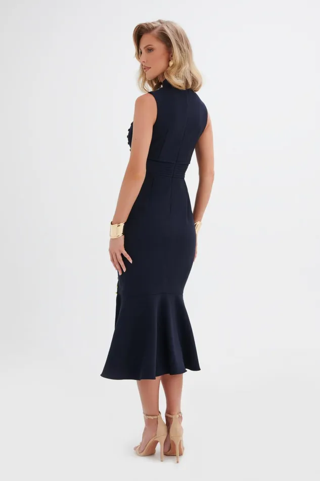 Women Wedding Guest Lavish Alice SAFFRON High Neck Rose Button Midi Dress In Navy Navy