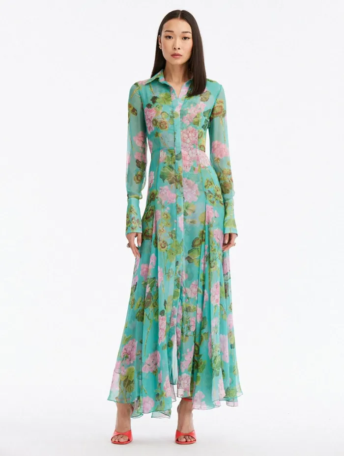 Women Wedding Guest Oscar De La Renta Geranium Silk Chiffon Maxi Dress Pinkjade