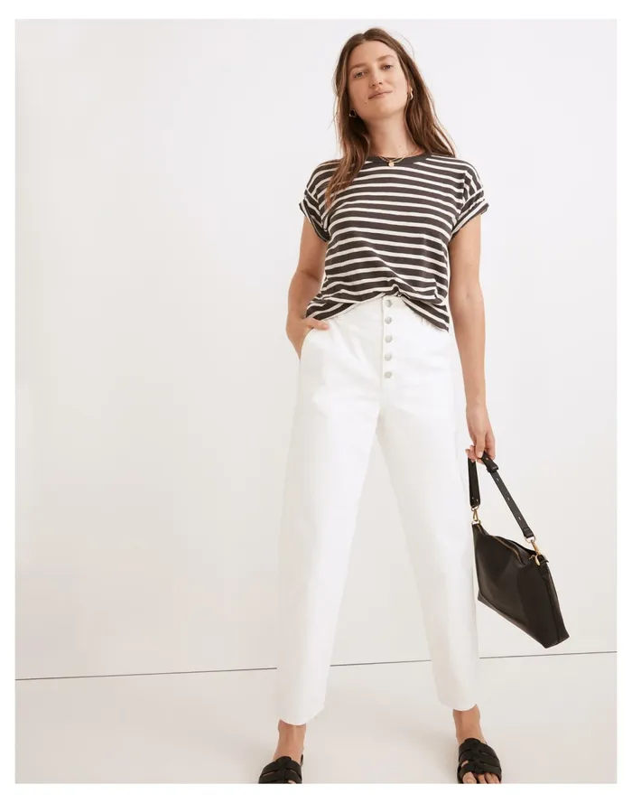 Women Whisper Cotton Rib Crewneck Tee In Hader Stripe Coal Madewell Tees