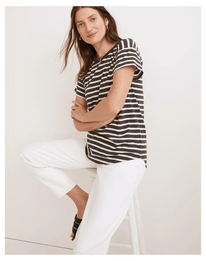 Women Whisper Cotton Rib Crewneck Tee In Hader Stripe Coal Madewell Tees Women Whisper Cotton Rib Crewneck Tee In Hader Stripe Coal Madewell Tees