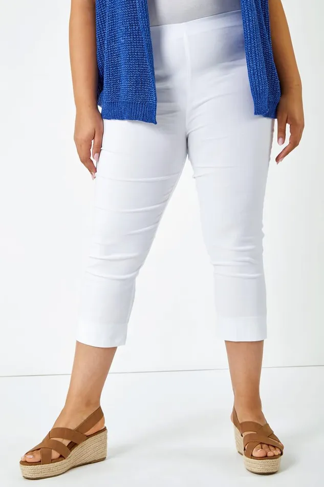 Women White Curve Elastic Waist Stretch Cropped Trouser Roman Trousers