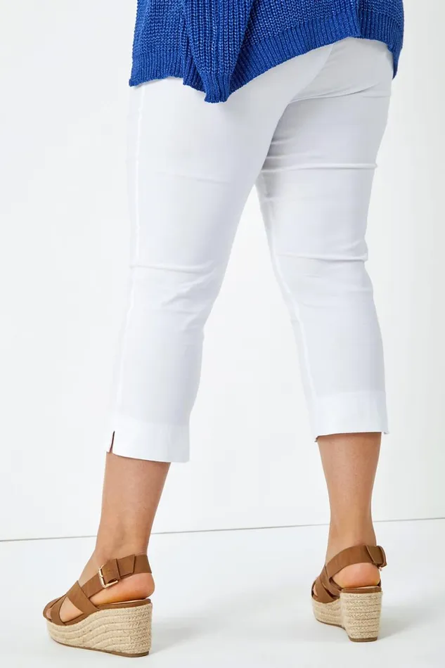Women White Curve Elastic Waist Stretch Cropped Trouser Roman Trousers